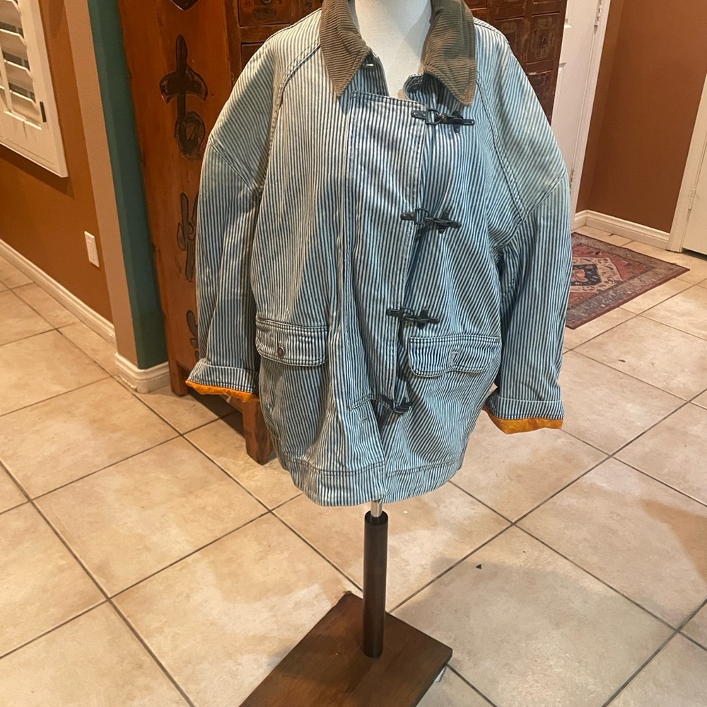 We The Free Blue Striped Jacket with Corduroy Collar